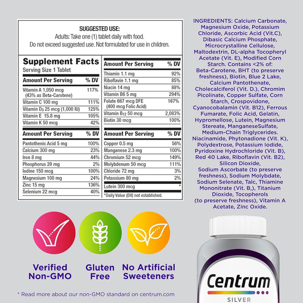 Centrum Silver Women'S Multivitamin for Women 50 Plus, Multivitamin/Multimineral Supplement with Vitamin D3, B Vitamins, Non-Gmo Ingredients,