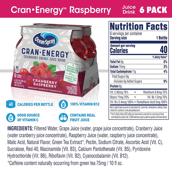 Ocean Spray® Cran-Energy™ Cranberry Raspberry Juice Drinks, 10 Fl Oz Bottles, 6 Count (Pack of 1) Cranberry Raspberry 10 Fl Oz (Pack of 6)