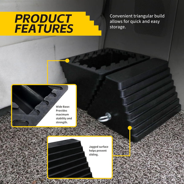 MaxxHaul Rubber Wheel Chock 2 Pack, Large 10" x 8" x 6" Heavy Duty Tire Stop with Non Slip All Weather Grip, Oil Resistant Rubber Block with Steel