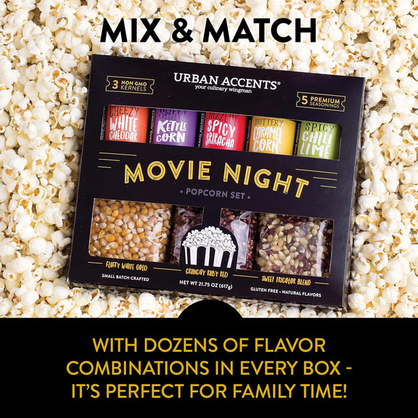Urban Accents Movie Night Popcorn Gift Set – Includes 3 Gourmet Popcorn Kernel Varieties & 5 Flavorful Seasonings – Perfect Snack Gift Box for