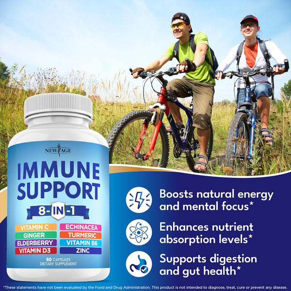 NEW AGE 8 in 1 Immune Support Booster Supplement with Echinacea, Vitamin C and Zinc 50Mg, Vitamin D 5000 IU, Turmeric Curcumin & Ginger, B6,