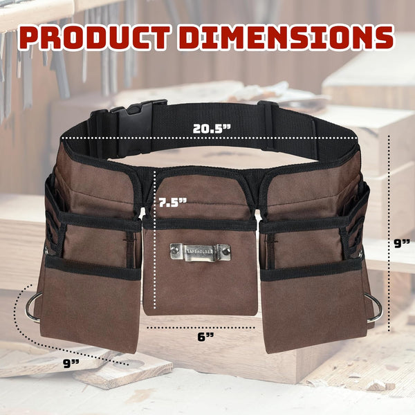 11 Pocket Brown and Black Heavy Duty Construction Tool Belt, Work Apron, Tool Pouch, with Poly Web Belt Quick Release Buckle - Adjusts from 33”