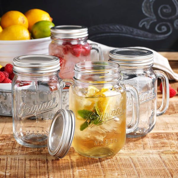 Glaver's Mason Jar 16 Oz. Glass Mugs with Handle and Lid Set Of 4 - Home Essentials & Beyond - Old Fashioned Drinking Glass Bottles Original Mason