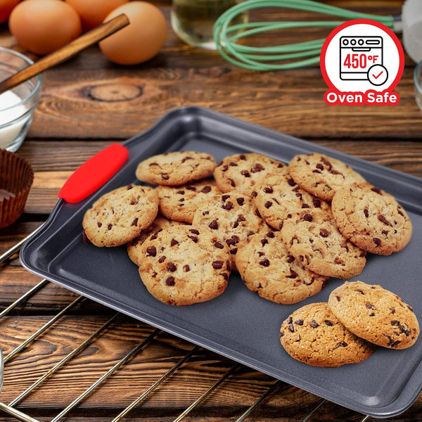 Baking Pan Set – 3 Piece Cookie Sheet – Deluxe Black Non-Stick Carbon Steel – Silicone Handles – Commercial Grade Restaurant Quality – PFOA PFOS
