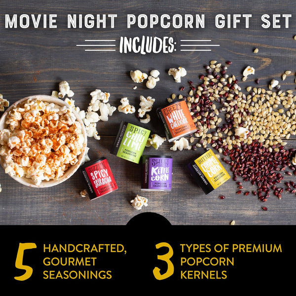 Urban Accents Movie Night Popcorn Gift Set – Includes 3 Gourmet Popcorn Kernel Varieties & 5 Flavorful Seasonings – Perfect Snack Gift Box for