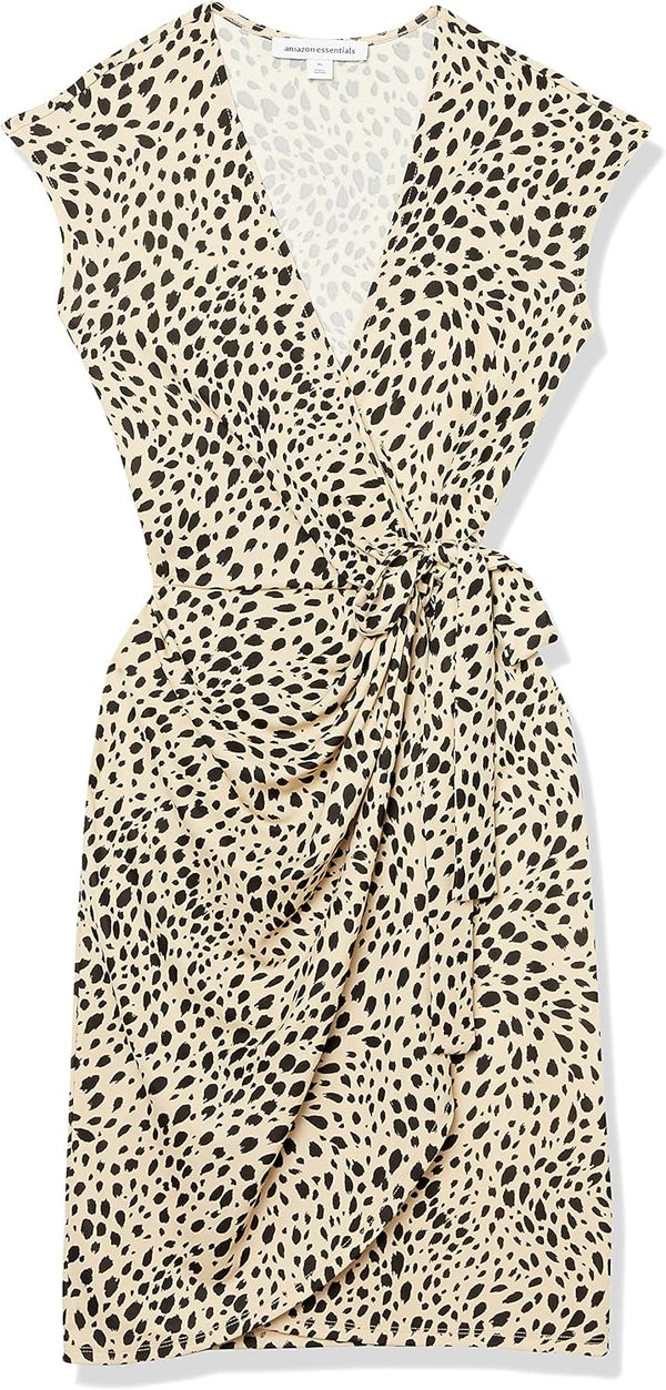 Amazon Essentials Women's Classic Cap Sleeve Wrap Dress with V Neck (Available in Plus Size) XX-Large Tan, Classic Animal Print