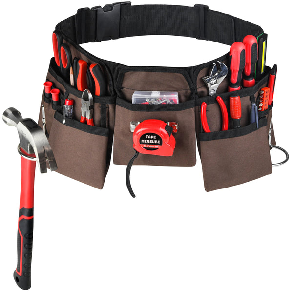 11 Pocket Brown and Black Heavy Duty Construction Tool Belt, Work Apron, Tool Pouch, with Poly Web Belt Quick Release Buckle - Adjusts from 33”