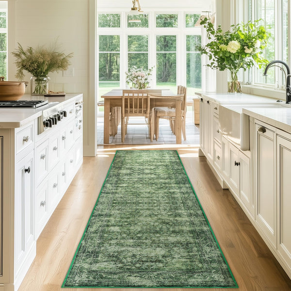 2x8 ft Runner Rug Green – Boho Indoor Area Rug, Non-Slip, Machine Washable, Low Pile Runners for Kitchen, Hallway 2' x 8' (Runner) Dark Green