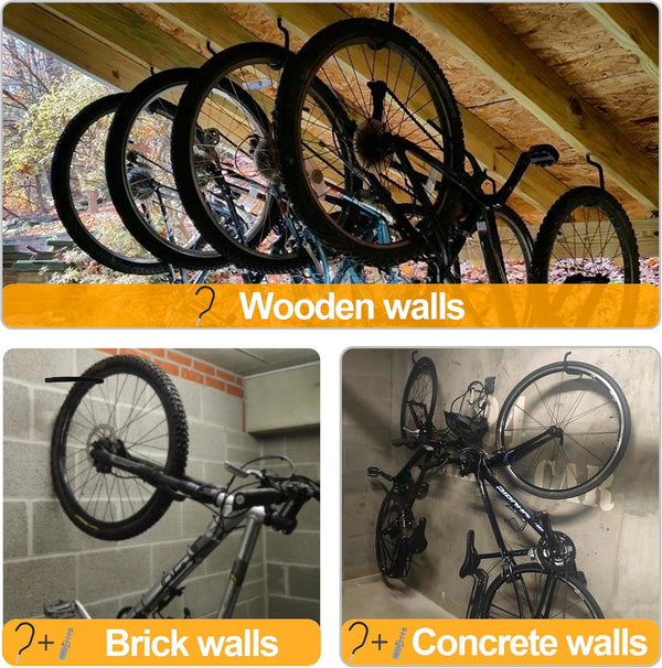 KURUI Road Bike Hooks for Garage Wall, 6 Pack Heavy Duty Bicycle Hangers for Hanging, Wall Mount Bicycle Storage for Ceilings, No Drill Large