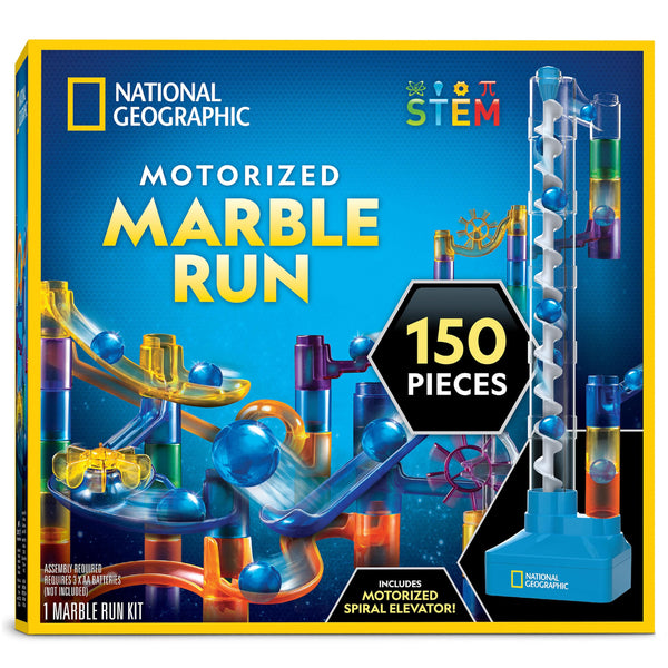 National Geographic Motorized Marble Run 150-Piece Building Set for Kids | Motorized Elevator, 30 Marbles, Storage Bag, Perpetual Motion Machine,