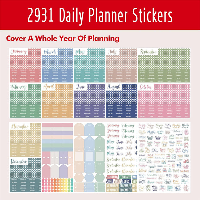 2931 Planner Stickers, Color Coordinating Monthly Functional Stickers Daily Calendar Stickers Aesthetic Note to Do Blank