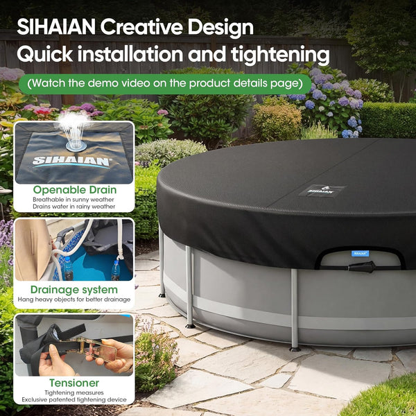 SIHAIAN 12 Ft Round Pool Cover, with Automatic Drain Pool Cover, Patented One-Piece Tensioning System Above Ground Pool Cover, Preventing