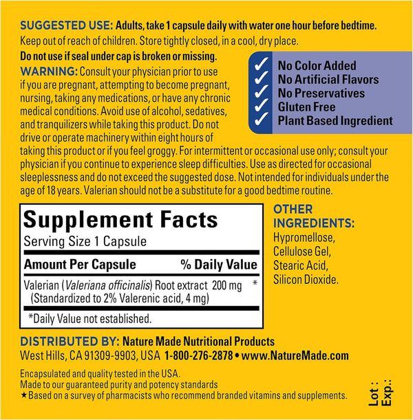 Nature Made Valerian Root for Sleep Support, Melatonin Free Sleep Aid for Adults, 30 Valerian Root Capsules, 30 Day Supply 30 Count (Pack of 1)
