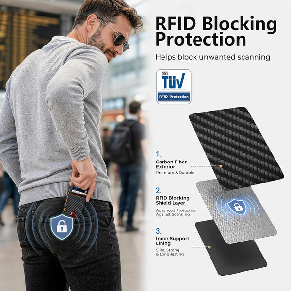 RUNBOX Slim Wallet for Men and Women, RFID Blocking Leather Card Holder Carbon Fiber Black