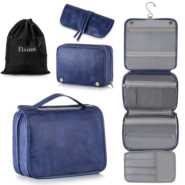 Elviros Hanging Toiletry Bag for Men PU Leather Shaving Dopp Kit (Blue) | 3-in-1 Waterproof Travel Organizer with Separate Compartments for