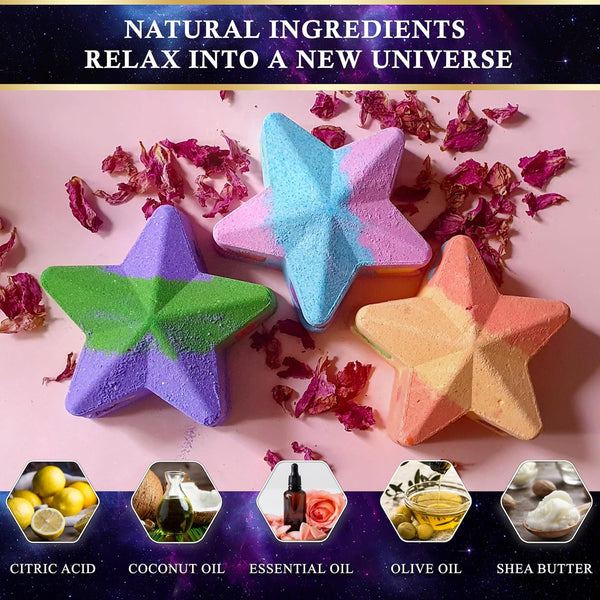 Space Rainbow Star Bath Bombs / 6 X 2.8Oz Luxury Bath Bomb Gift Set/Natural Essential Oils/Colourful Bubble and Non-Staining/Vegan, Cruelty