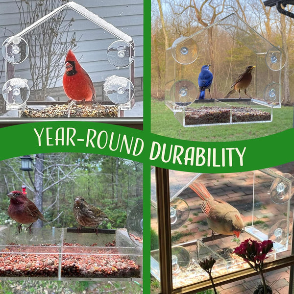 Window Bird Feeder with Strong Suction Cups, Clear Window Feeders for Outside - Transparent Bird House, Balcony Glass Mount, Acrylic Cat, Kids &