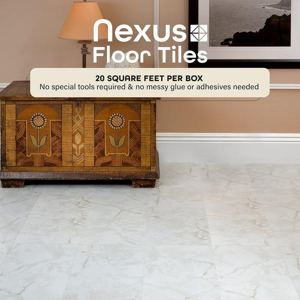 Nexus Self Adhesive 12-Inch Vinyl Floor Tiles, 20 Tiles - 12" x 12", Classic White w/Grey Veins Pattern - Peel & Stick, DIY Flooring for Kitchen,