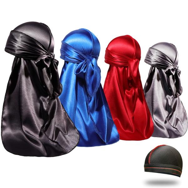 4PCS Silky Durags for Men Women 360 Waves with 1 Wave Cap, Silky Satin Durag Extra Long Tails Black Blue Gray Red