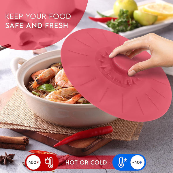 Silicone Bowl Lids Red, Set of 5 Reusable Suction Seal Covers for Bowls, Pots, Cups. Food Safe Natural Grip, Interlocking Handles for Easy Use and