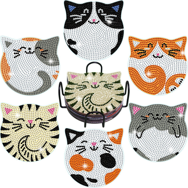 Vcekract Diamond Painting Coasters Kits, 6 Pcs Cat Diamond Art Coasters with Holder, Crafts Kits for DIY Coasters, Diamo