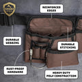 11 Pocket Brown and Black Heavy Duty Construction Tool Belt, Work Apron, Tool Pouch, with Poly Web Belt Quick Release Buckle - Adjusts from 33”