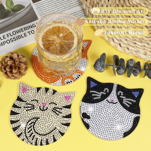 Vcekract Diamond Painting Coasters Kits, 6 Pcs Cat Diamond Art Coasters with Holder, Crafts Kits for DIY Coasters, Diamo