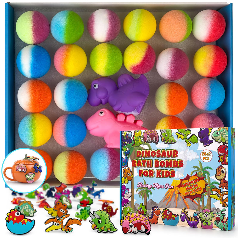 26+2 PCS Bath Bombs for Kids with 26 Dinosaur Suction Toys Inside, Organic Kids Bath Bombs Gift Sets with 2 Squeeze Dinosaur Toys for Boys & Girls