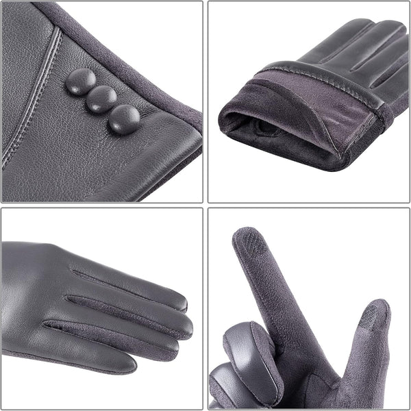 Womens Winter Leather Gloves Touch Screen Wool Lined Windproof Warm Suede Fashion Dress Gloves Large-X-Large Grey