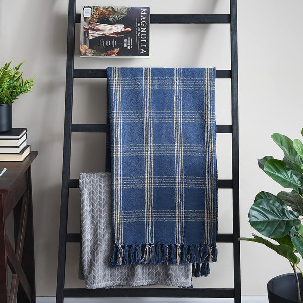 Creative Co-Op Recycled Cotton Blend Throw Blanket with Fringe, Blue Plaid