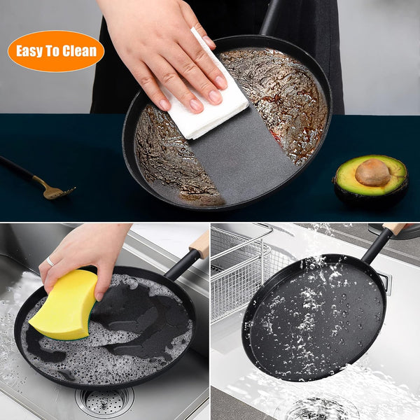 bodkar 8-inch Frying Pan Skillet Flat Crepe Pan, Lightweight Grill Pan with Wooden Handle for Camping Indoor Outdoor Cooking | Lightweight Grill