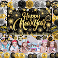 Happy New Year Backdrop with Shiny Firework Background Circle Paper Banner Pom poms Foil Balloons & Swirls for New Year Photo Booth Background
