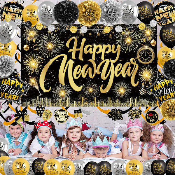 Happy New Year Backdrop with Shiny Firework Background Circle Paper Banner Pom poms Foil Balloons & Swirls for New Year Photo Booth Background