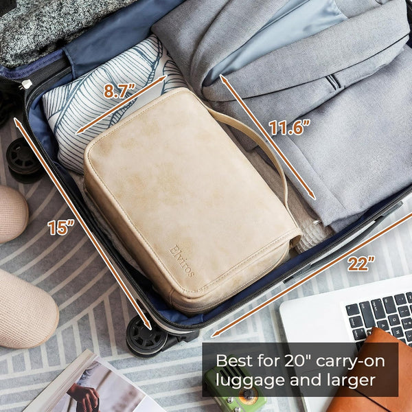 Elviros Hanging Travel Toiletry Bag for Women Vegan Leather (Beige) | 3-in-1 Waterproof Makeup Bag with Compartments for Skincare, Toiletries,