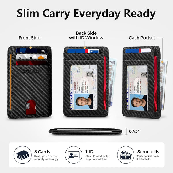 RUNBOX Slim Wallet for Men and Women, RFID Blocking Leather Card Holder Carbon Fiber Black