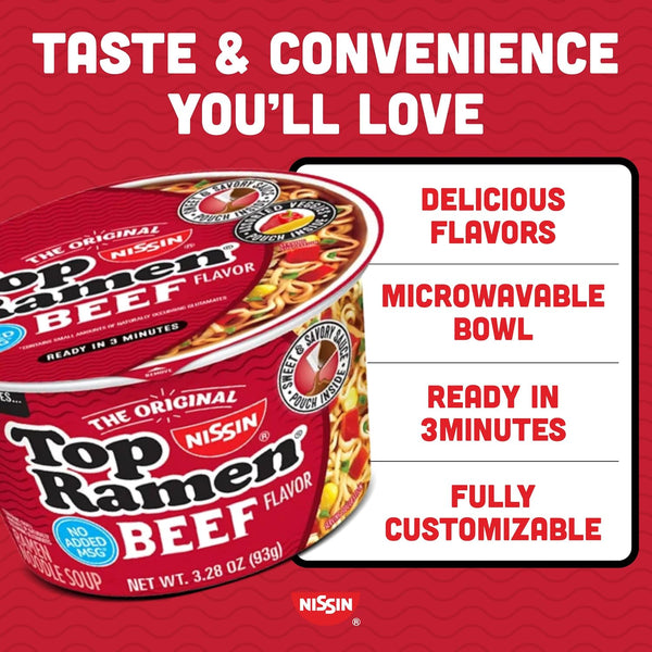 Nissin Top Ramen Bowl Ramen Noodle Soup, Beef, 3.28 Ounce (Pack of 6) Beef 3.28 Ounce (Pack of 6)
