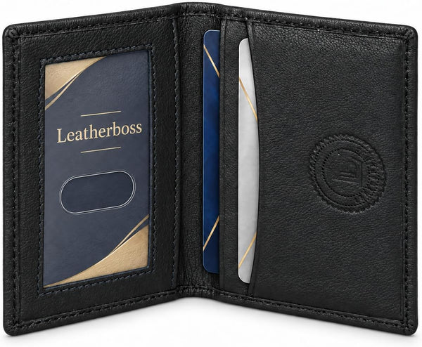 Leatherboss Genuine Leather Small Slim Bifold Wallet | Credit, Debit, ID Card Holder | Compact & Stylish with Clear ID Windows | Gift for Men, Black