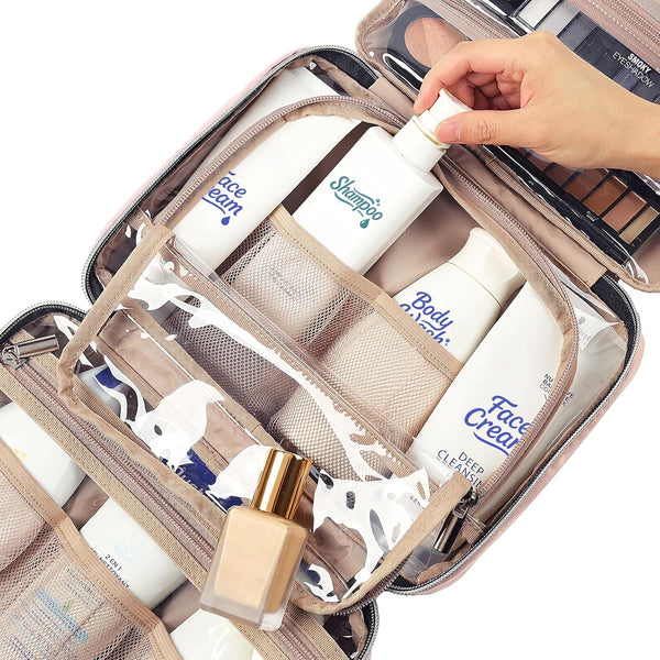 NISHEL Travel Toiletry Bag for Women, Portable Hanging Organizer for Travel-Sized Shampoo, Conditioner, Brushes Set, Makeup Accessories, Medium