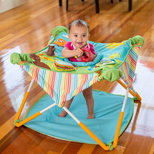 Bright Starts, Pop 'N Jump Portable Baby Activity Center, Indoor Outdoor Use, Lightweight, Carrying Bag, Canopy, 6-12 Months (Animals)