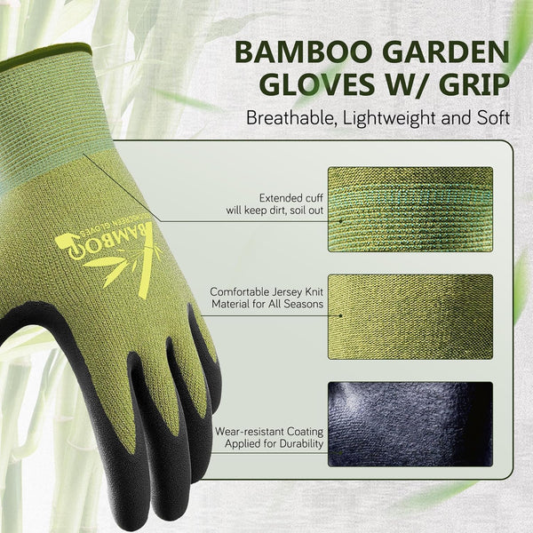 COOLJOB 2 Pairs Gardening Gloves for Women and Men, Bamboo Working Gloves Touchscreen, Grippy Nitrile Rubber Coated Work Gloves, Green/Black,