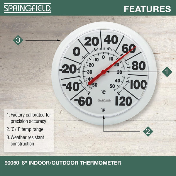 Springfield Indoor Outdoor Big and Bold Dial Thermometer, Wireless Thermometer with Easy to Read Large Numbers for Patio, Pool, and Indoor Areas,