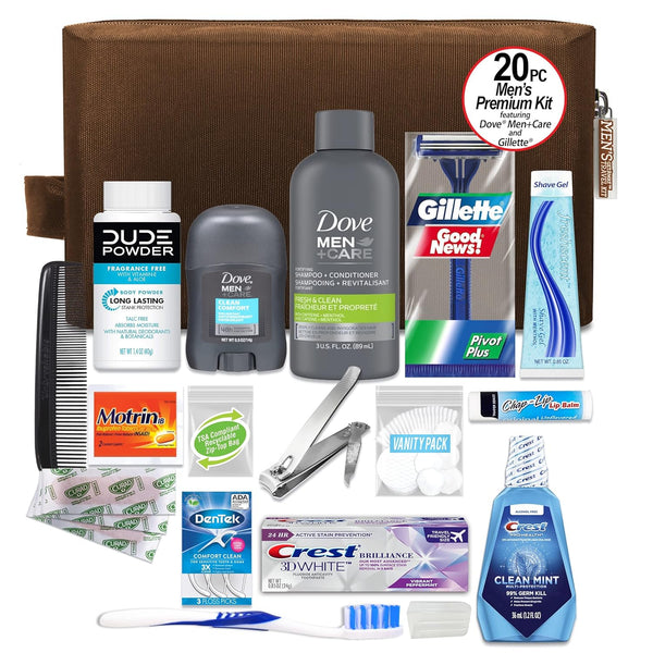 Convenience Kits International MenâS Premium 20-Piece Kit with Travel Size TSA Compliant Essentials, Featuring: Dove Men & Care Products in Brown