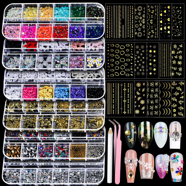 Teenitor Nail Charms Nail Art Kit with 15 Sheets Gold Nail Stickers, 6 Boxes of 