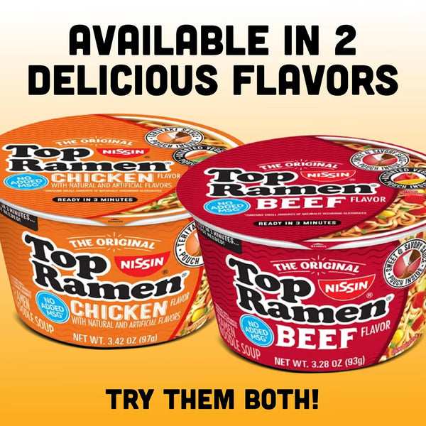 Nissin Top Ramen Bowl Ramen Noodle Soup, Beef, 3.28 Ounce (Pack of 6) Beef 3.28 Ounce (Pack of 6)