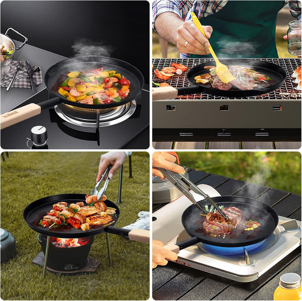 bodkar 8-inch Frying Pan Skillet Flat Crepe Pan, Lightweight Grill Pan with Wooden Handle for Camping Indoor Outdoor Cooking | Lightweight Grill
