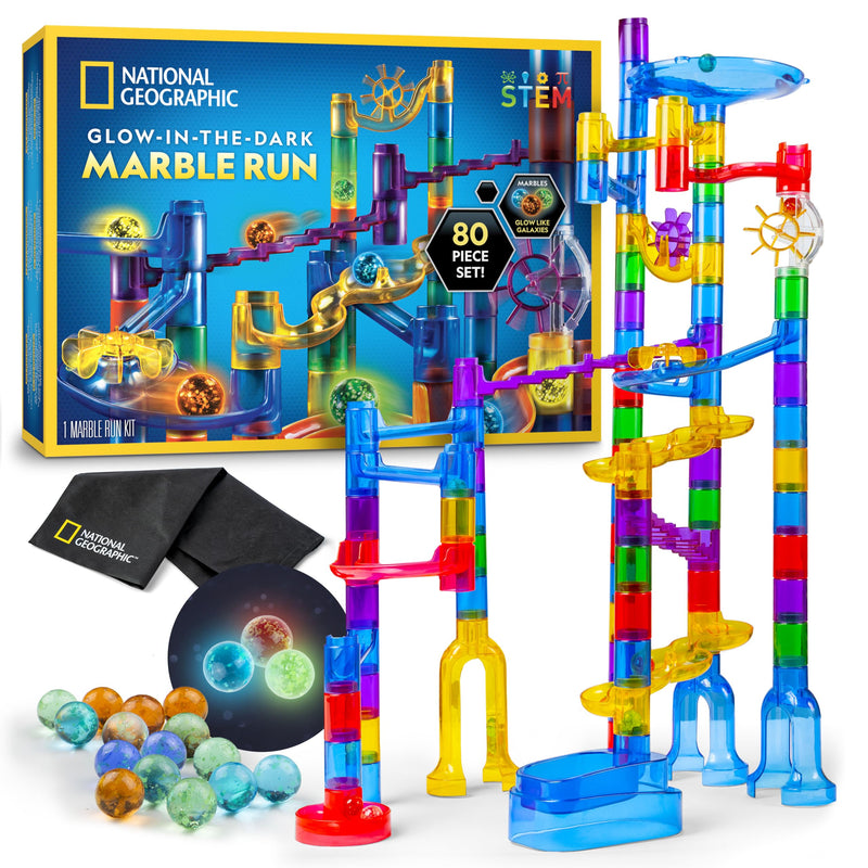 National Geographic Glow-in-the-Dark Marble Run for Kids Ages 8-12 | 15 Glow-in-the-Dark Glass Marbles, Storage Bag, Construction Toy, STEM