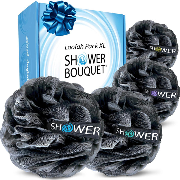 SHOWER BOUQUET Loofah-Charcoal Bath-Sponge-4-Pack Extra-Large 75g Soft Mesh | Black Luffa Loufa Loofa Puff Set / Exfoliating Body Scrubber Lufas
