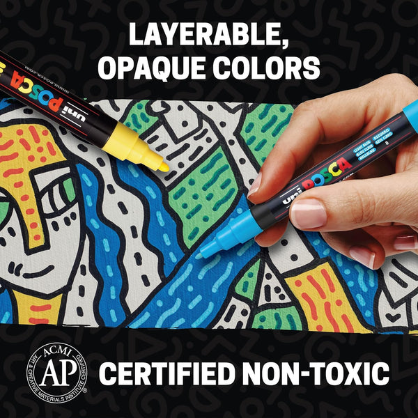 Posca Paint Markers, 5M Medium Acrylic Markers with Reversible Tips, Artist Recommended For Gifts, Fabric, Metal, Glass, Wood and Canvas, Assorted