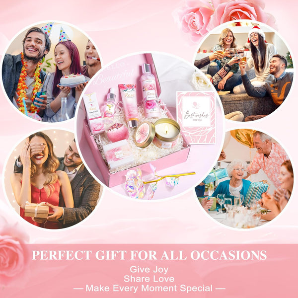 Gifts for Women, Happy Birthday Gifts for Women, Mothers Bath and Body Gift for Woman with Unique Rose Self Care Gift, Home Spa Gift Basket for