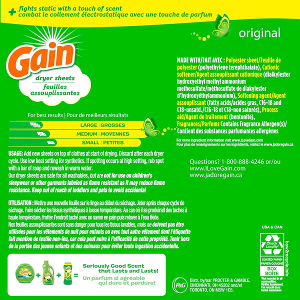 Gain, Laundry Dryer Sheets, Fabric Softener Wrinkle Reducing Anti Static Sheets, Original Scent, 240 Count (Packaging May Vary) Original 240 Count